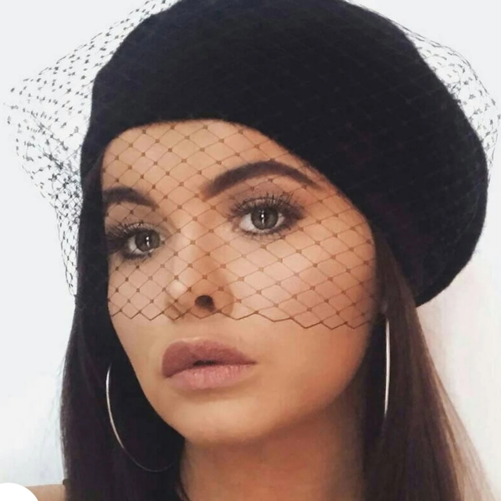 Black Veiled Beret Hat for Women